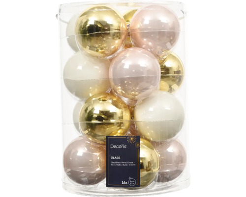 Vianočné ozdoby sklenené gule Ø 8 cm zlaté biele ružové 16 ks Sada 16 sklenených vianočných gúľ v zlatej, krémovej a ružovej farbe