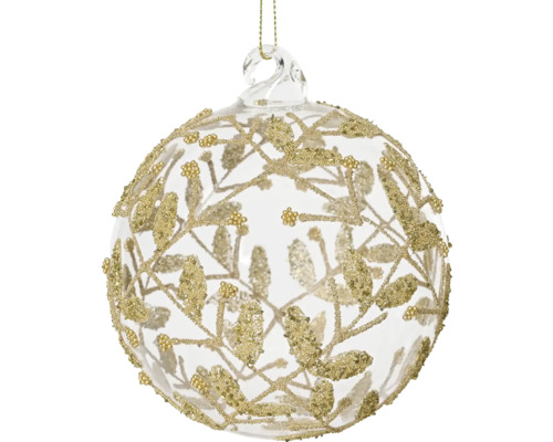 Vianočná ozdoba sklenená guľa s lístkami Ø 12 cm priehľadná Dekoratívna sklenená ozdoba na vianočný stromček s motívom listov