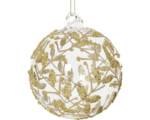 Vianočná ozdoba sklenená guľa s lístkami Ø 10 cm priehľadná Vianočná ozdoba s dizajnom imela