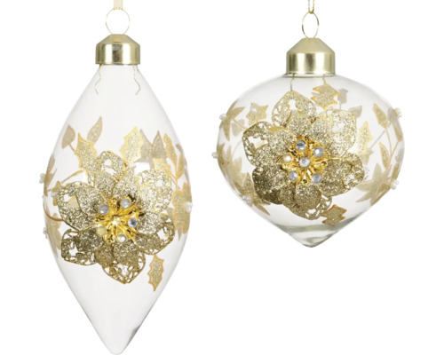 Vianočné ozdoby so zlatým kvetom mix 8 cm priehľadné 6 ks Dve sklenené vianočné gule s kvetinovým dekorom