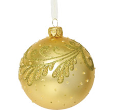 Zlatá vianočná guľa s trblietavými ozdobami a vešiakom