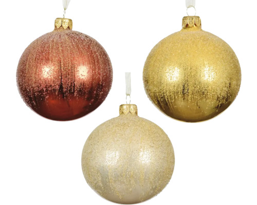 Vianočné ozdoby sklenené gule Ø 8 cm zlaté červené6 ks Tri vianočné gule s trblietkami