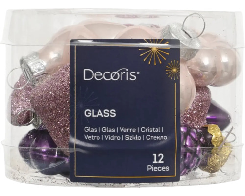 Vianočné ozdoby sklenené fialovo-ružové 12 ks, mix druhov Dvanásť sklenených vianočných gúľ v priehľadnom obale