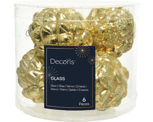 Vianočná ozdoba šišky sklenenej zlatej 6 ks Šesť sklenených vianočných gúľ v priehľadnej nádobe