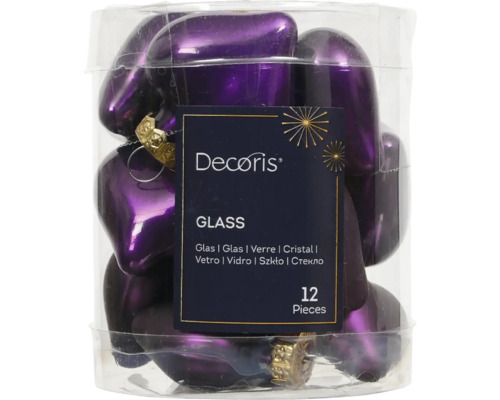Vianočné ozdoby sklenené srdce lesk/mat 4 cm fialové 12 ks Dvanásť fialových sklenených sŕdc ako ozdoby na stromček v priehľadnom balení.
