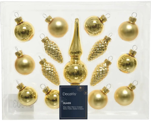 Sada ozdôb na vianočný stromček: špička, vianočné gule a sklenené šišky
