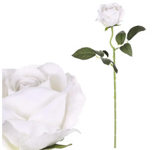 Dekoratívna umelá ruža, biely kvet so zeleným stonkom a listami