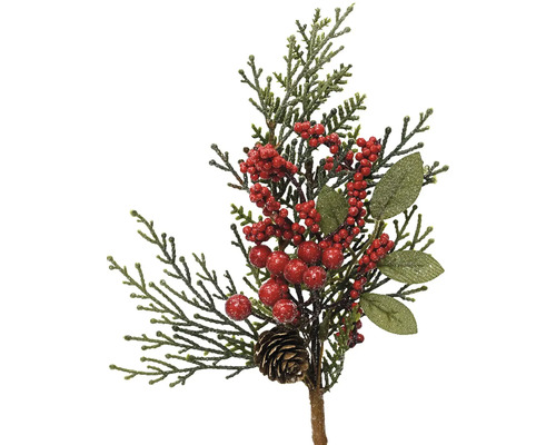 Dekoratívna vetva s červenými bobuľami, vetvami jedle a šiškami na vianočné dekorácie