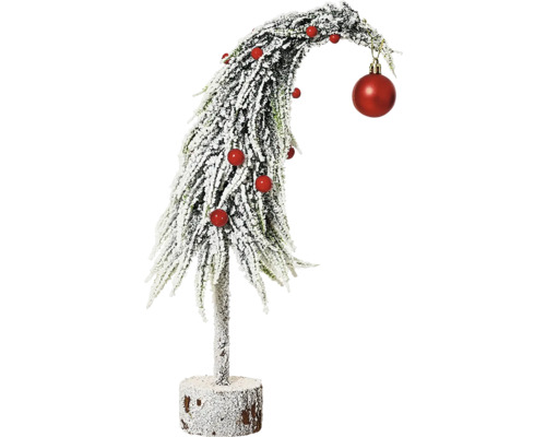 Vianočné dekorácie stromček zasnežený s ozdobami 45 cm Dekoratívny, ohnutý vianočný stromček so snehom a vianočnými guľami ako slávnostná dekorácia