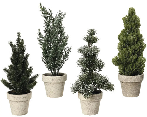 Štyri umelé izbové rastliny v kvetináčoch