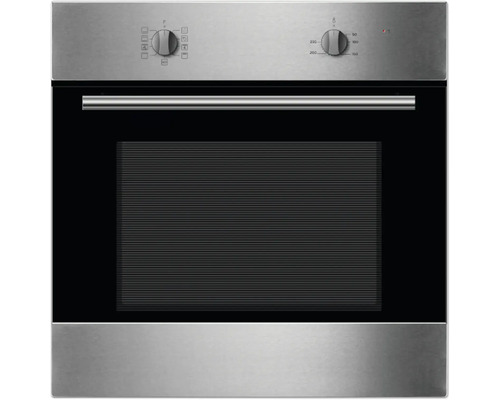 Vstavaná rúra z nehrdzavejúcej ocele s čiernymi sklenenými dverami a otočnými gombíkmi