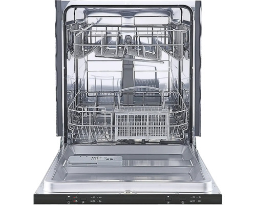 Otvorená umývačka riadu s kovovým vnútrom, košmi na riad a ovládacím panelom