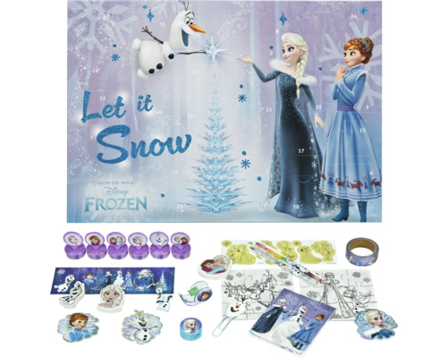 Adventný kalendár Disney Frozen s motívmi Elsy a Anny, pečiatkami, nálepkami, omaľovánkami a kancelárskymi potrebami