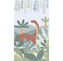 Ilustrácia dinosaura s rastlinami a palmami
