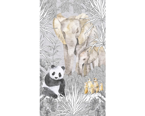 Vliesová fototapeta Lilly & Luis 77070-1 Uni 159 x 280 cm Ilustrácia slonej rodiny, pandy a surikát v džungli