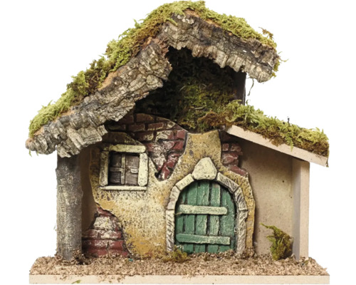 Betlehem drevený 23 x 11 x 21 cm Betlehem s machovou strechou a zelenými drevenými dverami