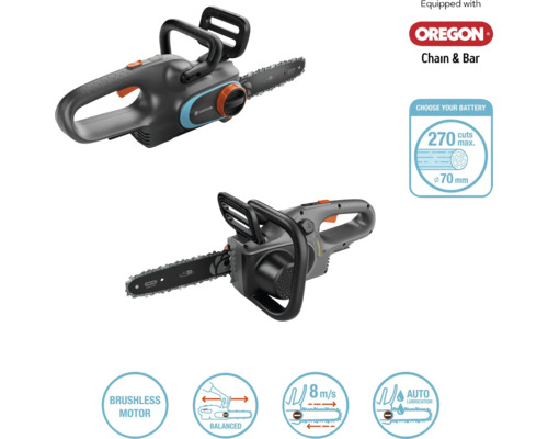 Dva pohľady na akumulátorovú pílu Gardena s reťazou a lištou Oregon a symboly pre bezkartáčový motor, vyvážený dizajn, rýchlosť reťaze 8 metrov za sekundu a automatické mazanie.