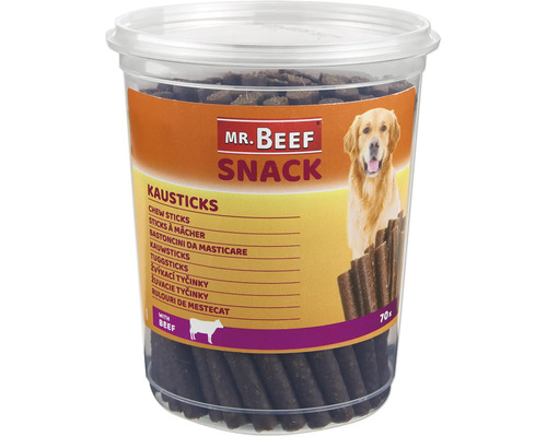 Maškrty pre psov Mr. Beef tyčinky s hovädzím 70 ks Mr. Beef Snack žuvacie tyčinky pre psov v nádobe