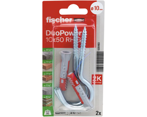Fischer DuoPower hmoždinky a skrutkovacie háky, 10 x 50 milimetrov, balenie po dvoch kusoch