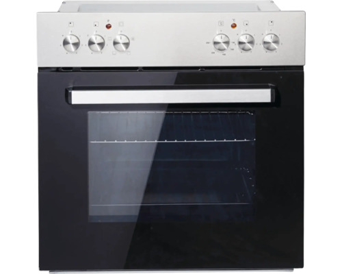Voľne stojaci elektrický sporák s čiernymi dvierkami rúry a striebornými ovládacími prvkami.