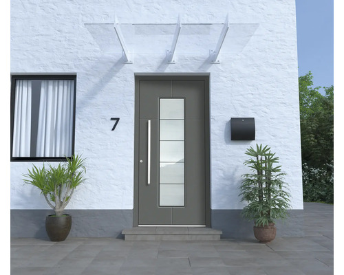 Fasáda domu s vchodovými dverami, poštovou schránkou, číslom domu a rastlinami