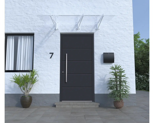 Fasáda domu s vchodovými dverami, poštovou schránkou a kvetináčmi