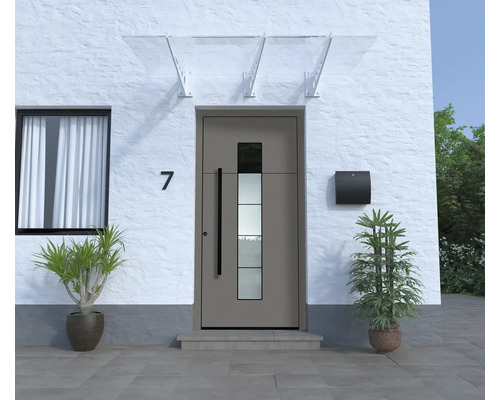 Vchod do domu s vchodovými dverami, poštovou schránkou, strieškou a hrnkovými rastlinami pred bielou fasádou