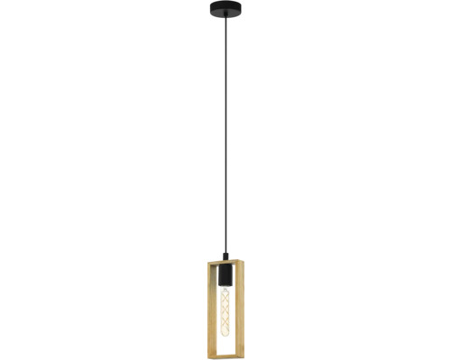 Závesná lampa s dreveným rámom a žiarovkou