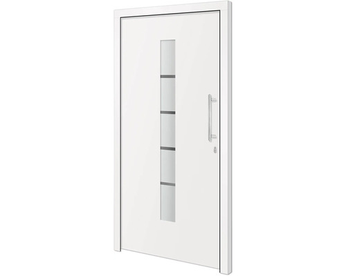 Biele vchodové dvere so sklenenou vložkou a nerezovou kľučkou