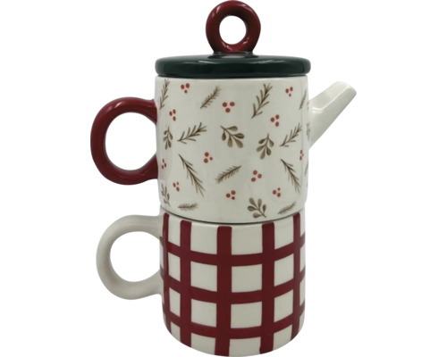 Čajová kanvica s šálkou, s kockovaným vzorom a rastlinnými motívmi