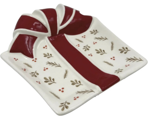 Dekoratívna misa v tvare darčeka so stuhou a vianočným vzorom