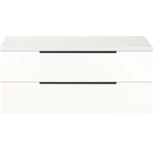 Biela skrinka pod umývadlo s dvomi zásuvkami a úchytkami