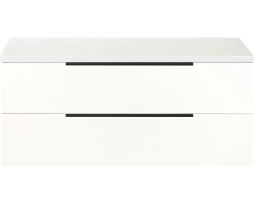 Biela skrinka pod umývadlo s dvomi zásuvkami a úchytkami