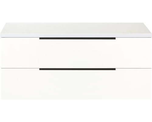 Biela skrinka pod umývadlo s dvoma zásuvkami a úchytkami