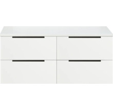 Biela skrinka pod umývadlo so štyrmi zásuvkami a čiernymi úchytmi