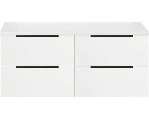 Biela skrinka pod umývadlo so štyrmi zásuvkami a čiernymi úchytmi