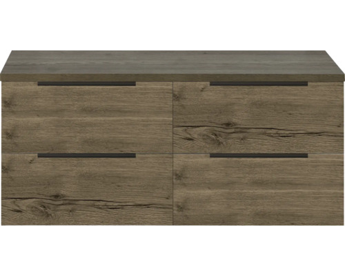 Skrinka pod umývadlo so štyrmi zásuvkami s dreveným vzhľadom