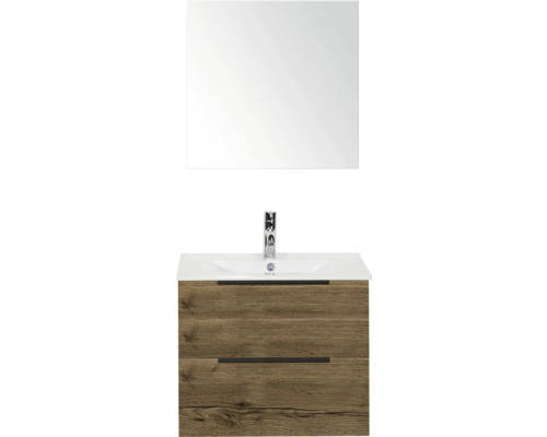 Umývadlová zostava so zrkadlom a dvomi zásuvkami v dizajne dreva