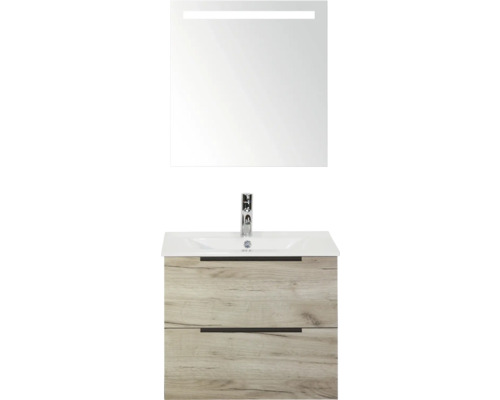 Skrinka pod umývadlo so zrkadlom a dvomi zásuvkami v drevenom dizajne