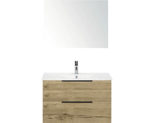 Kúpeľňová zostava Sanox Seville 80 cm dub prírodný Kombinácia umývadla so zrkadlom, umývadlom, spodnou skrinkou a dvoma zásuvkami