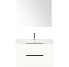 Závesná zrkadlová skrinka s umývadlovou skrinkou a armatúrou do kúpeľne