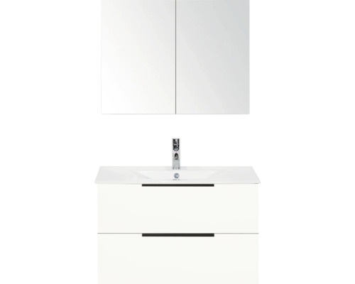 Závesná zrkadlová skrinka s umývadlovou skrinkou a armatúrou do kúpeľne