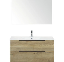 Umývadlová kombinácia so zrkadlom, skrinka pod umývadlo s dvoma zásuvkami a dreveným dekorom