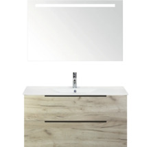 Umývadlo so skrinkou, dve zásuvky, umývadlo na dosku a zrkadlo s osvetlením