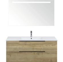 Kombinácia umývadla so zrkadlom a dvoma zásuvkami vo vzhľade dreva