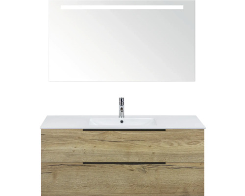 Kombinácia umývadla so zrkadlom a dvoma zásuvkami vo vzhľade dreva