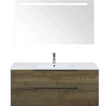 Skrinka pod umývadlo s dvomi zásuvkami, umývadlo na dosku a zrkadlo s osvetlením