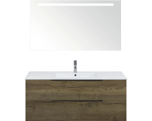 Skrinka pod umývadlo s dvomi zásuvkami, umývadlo na dosku a zrkadlo s osvetlením