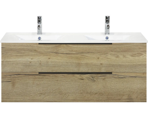 Skrinka pod umývadlo s dvoma umývadlami a dvoma zásuvkami v drevenom vzhľade