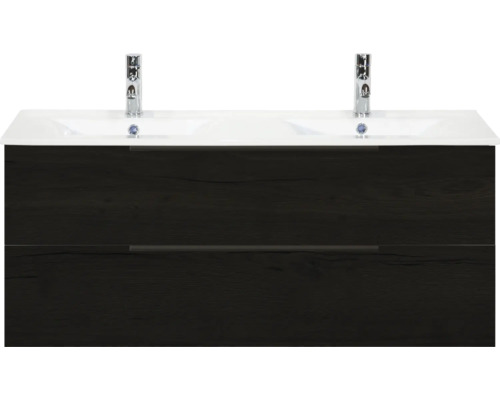 Skrinka pod umývadlo s dvoma umývadlami a dvoma batériami